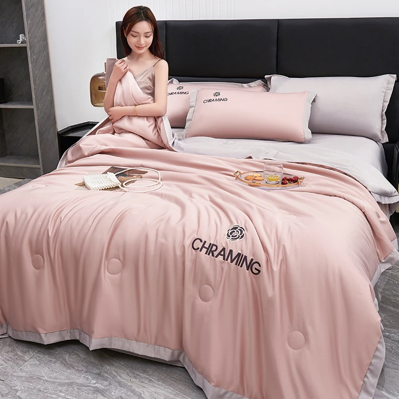 2025新款A类刺绣夏被四件套夏凉被薄款夏凉被纯色床笠四件套