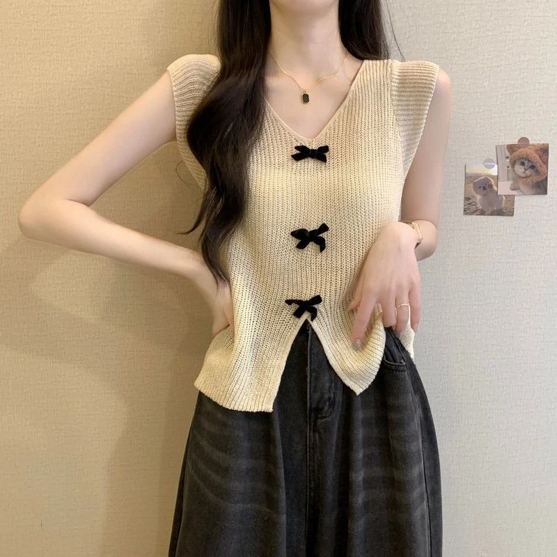 蝴蝶结薄款针织冰丝甜辣短袖T恤女夏季设计感开叉轻