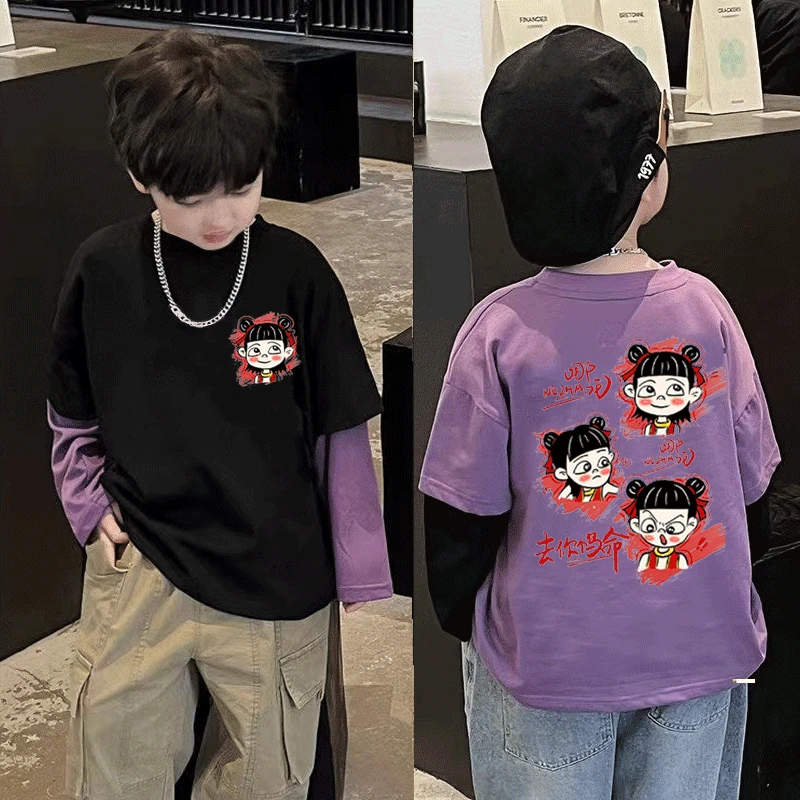 哪吒假两件春秋新款男女童中小儿童洋气长袖打底宝宝T恤上衣t外穿