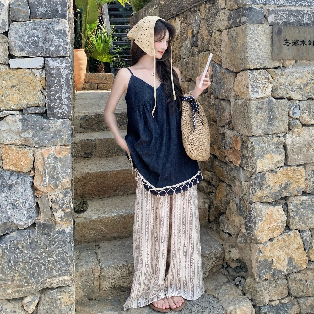 复古V领流苏牛仔背心连衣裙女夏新款碎花阔腿休闲裤时尚套装