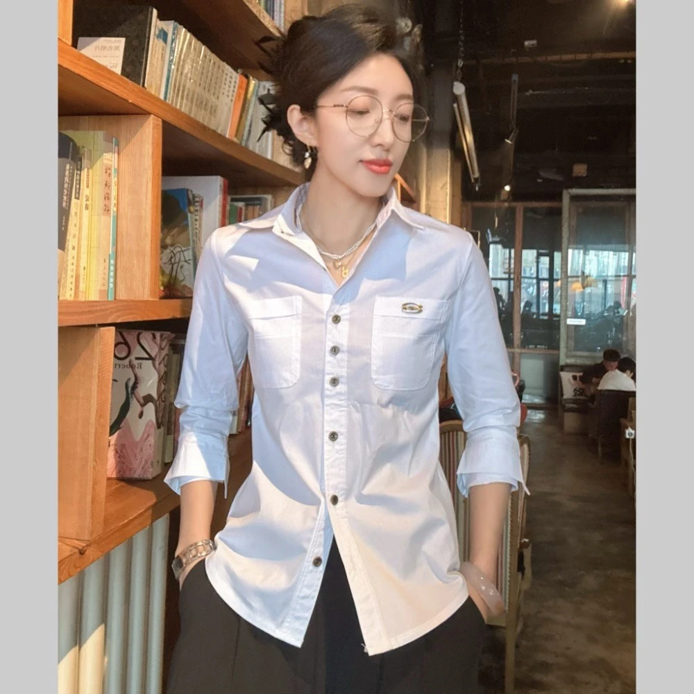 欧洲站洋气方领单排扣棉质微弹舒适原创个性新品衬衫女通勤衬衣潮