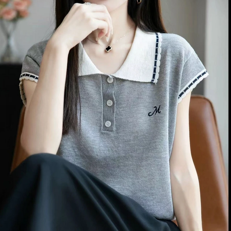 夏季薄款polo领针织上衣女2025新款刺绣撞色短袖竹节麻爆款..201