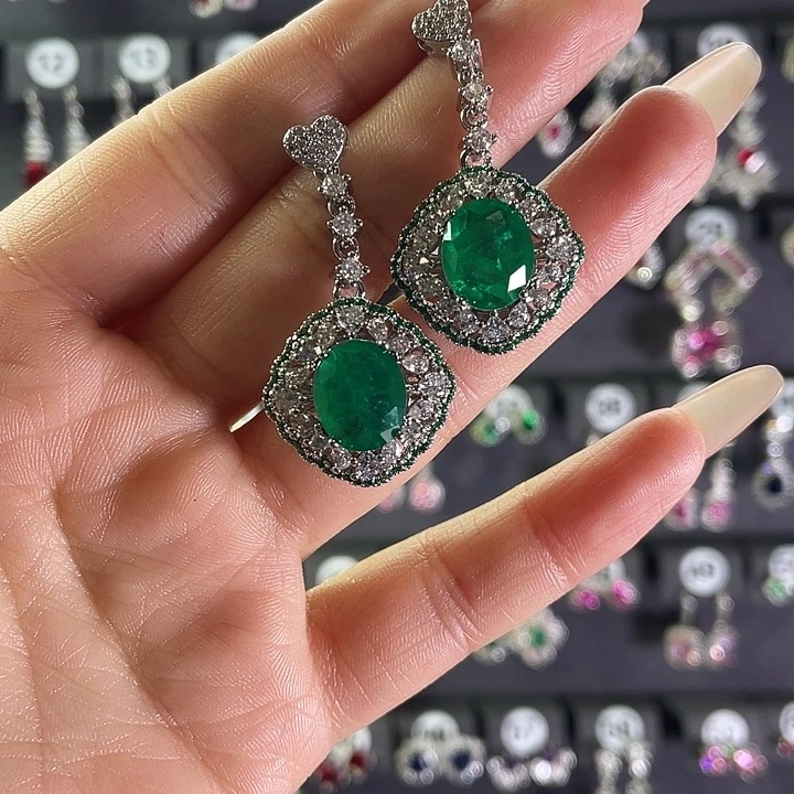 祖母绿耳饰银S925镶嵌