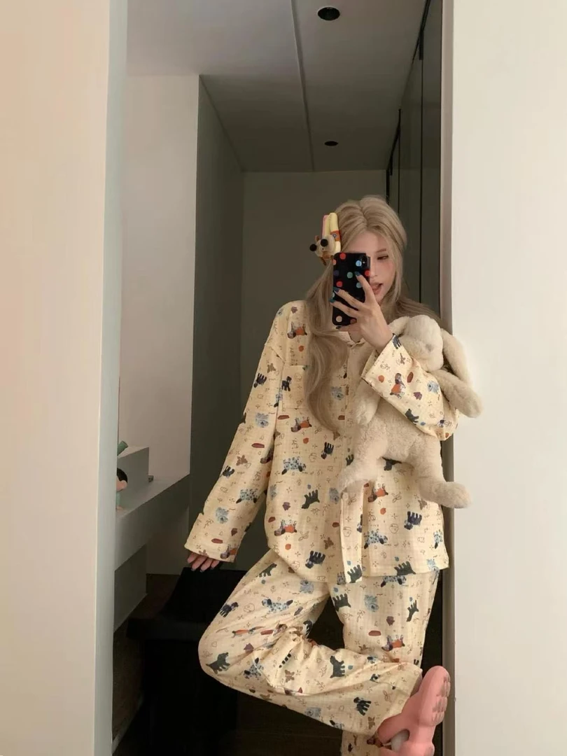 可爱黄格甜宠小波点Kitty猫 卡通女春秋季长袖 睡衣家居服套装