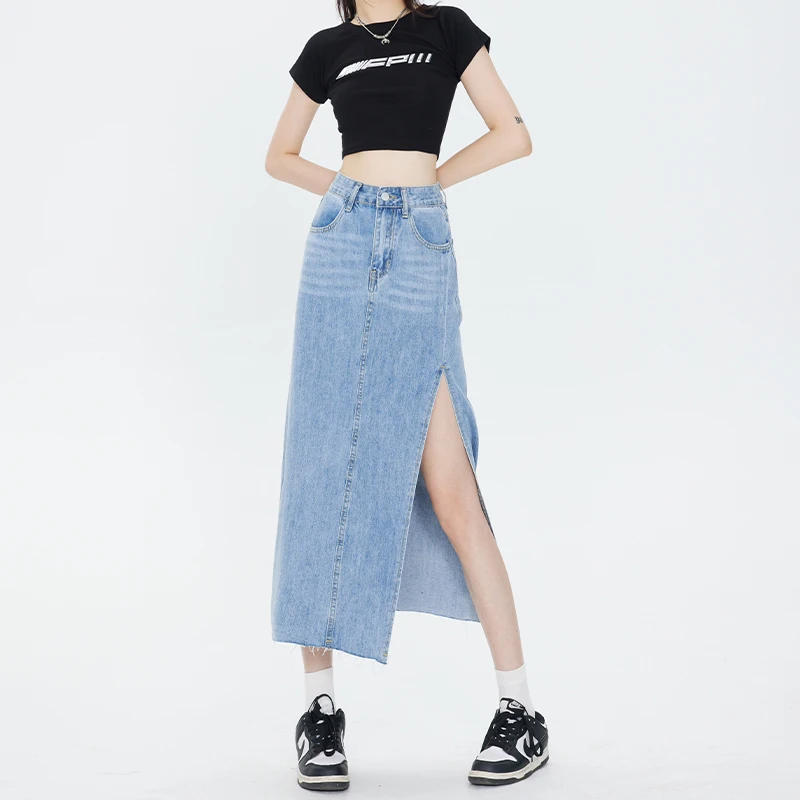 哥弟阿玛施正高腰时尚毛边开叉瘦身显腿长不规则薄荷蓝色长裙春夏