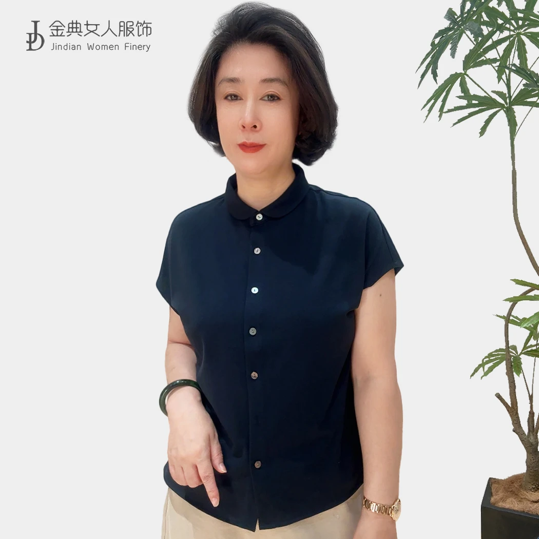 娃娃领单排扣时尚短袖衬衫 中年妈妈百搭时尚休闲显瘦女上衣1706