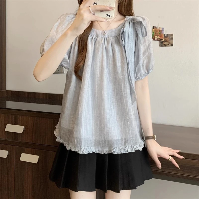 200斤夏季温柔风甜美系带蝴蝶结下摆木耳边韩系减龄遮肉小衫上衣