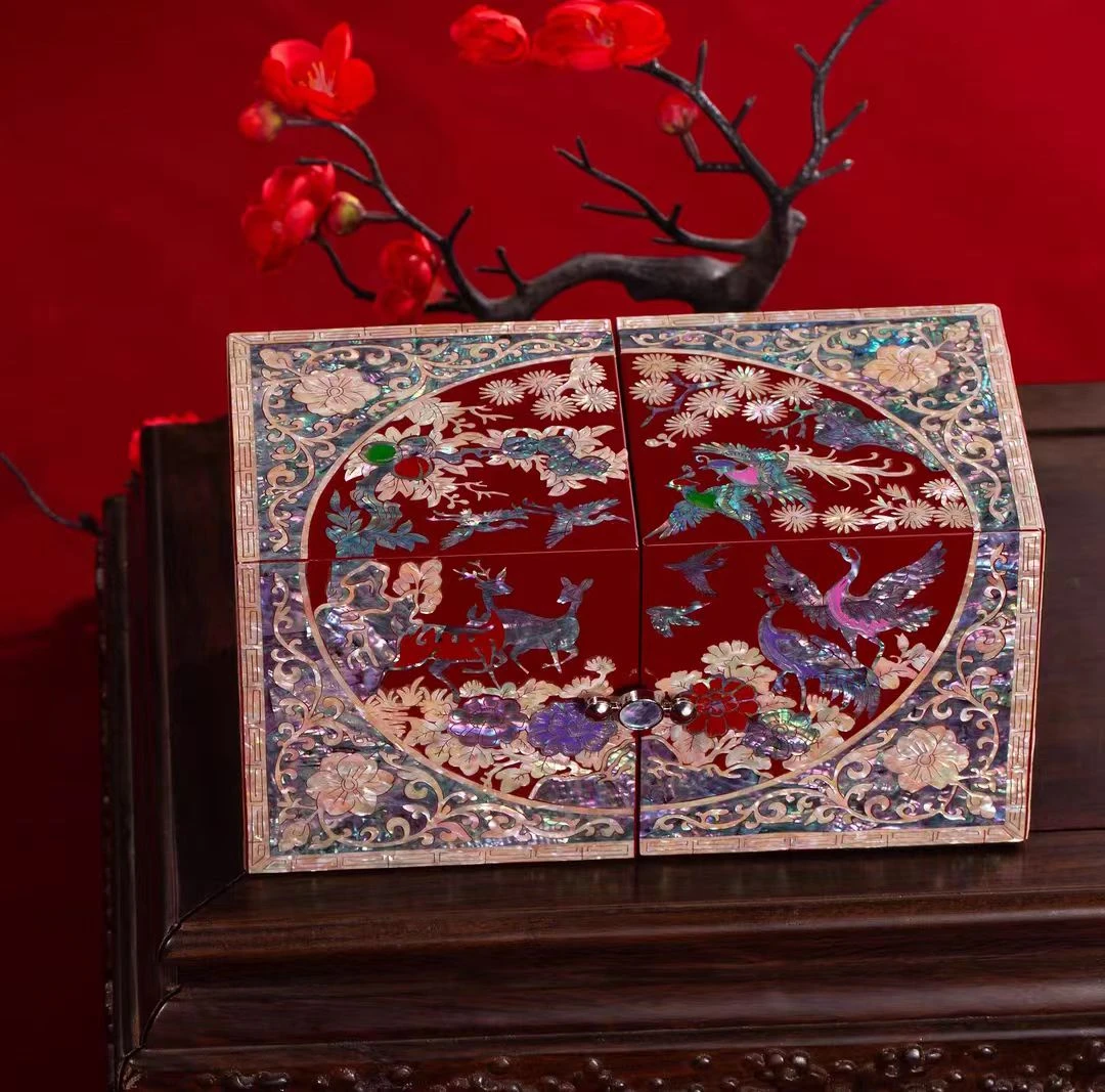 QD010【新三灵颂】对开螺钿漆器非遗首饰盒高档精致收纳盒(全满贝）