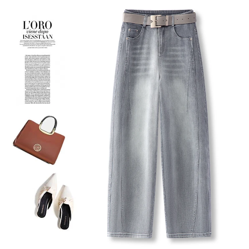 2025夏季时尚百搭烟灰色弯刀牛仔裤女高腰显瘦香蕉裤窄版直筒裤子