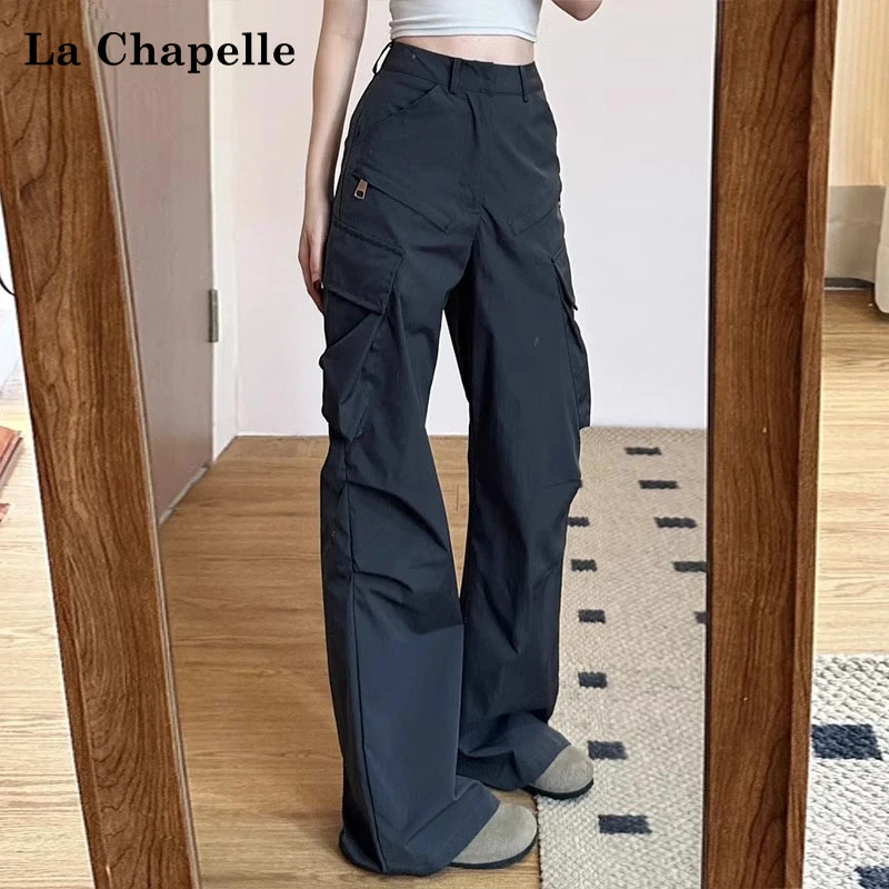 La Chapelle/拉夏贝尔灰色高腰直筒工装裤女2025春秋显瘦休闲裤