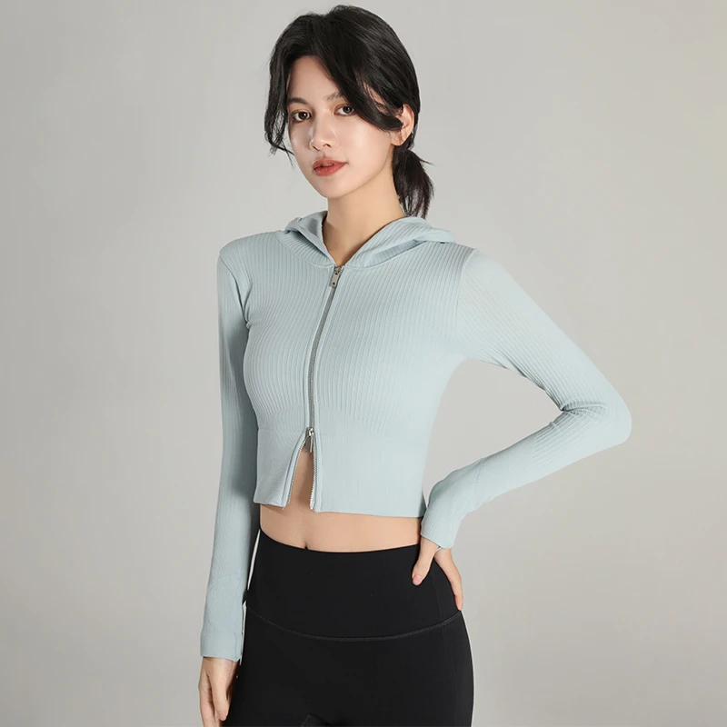 双开连帽紧身运动外套女跑步训练瑜伽服长袖拉链开衫普拉提上衣冬