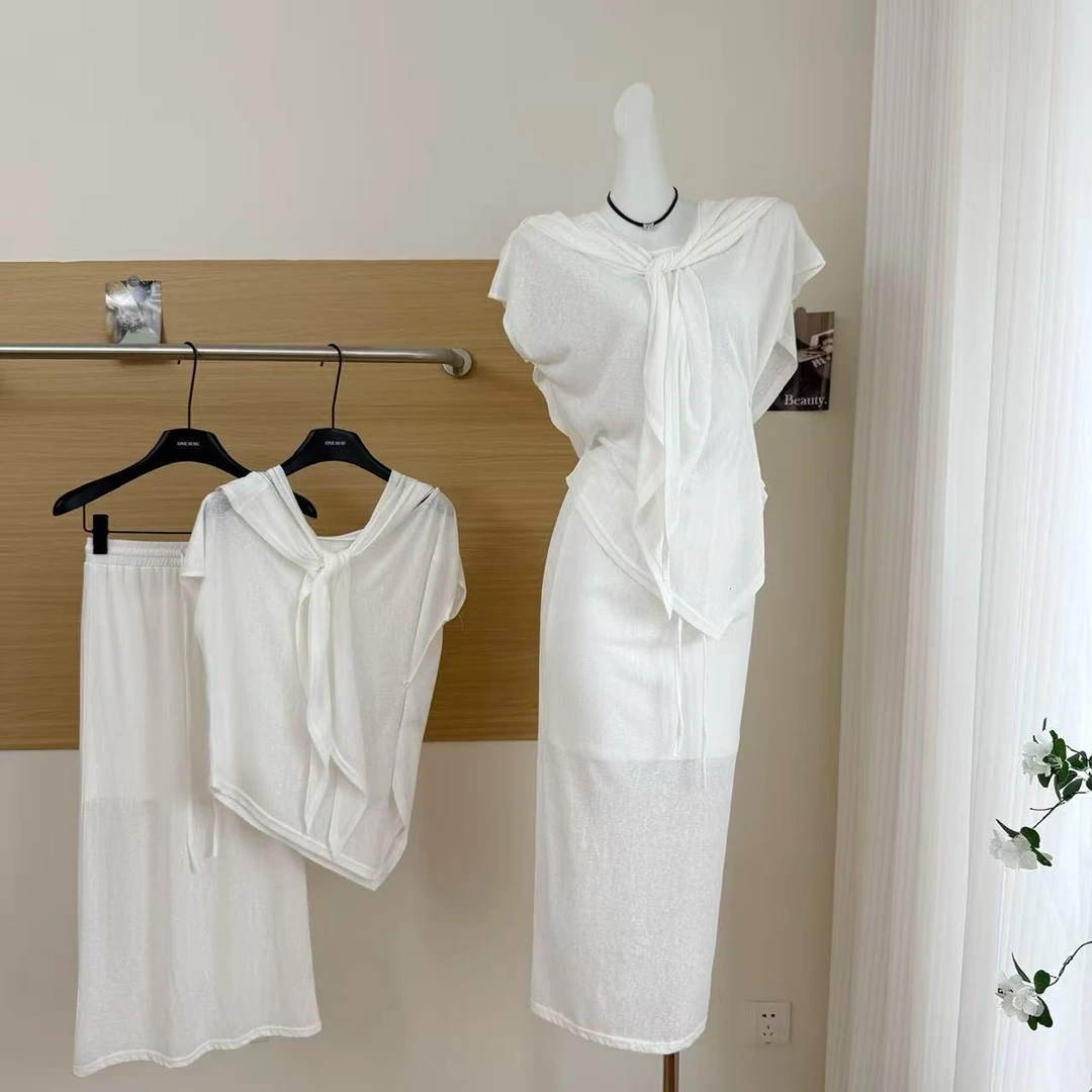 夏季时尚气质舒服系舒适套装简约T恤+半身裙+披肩三件套女