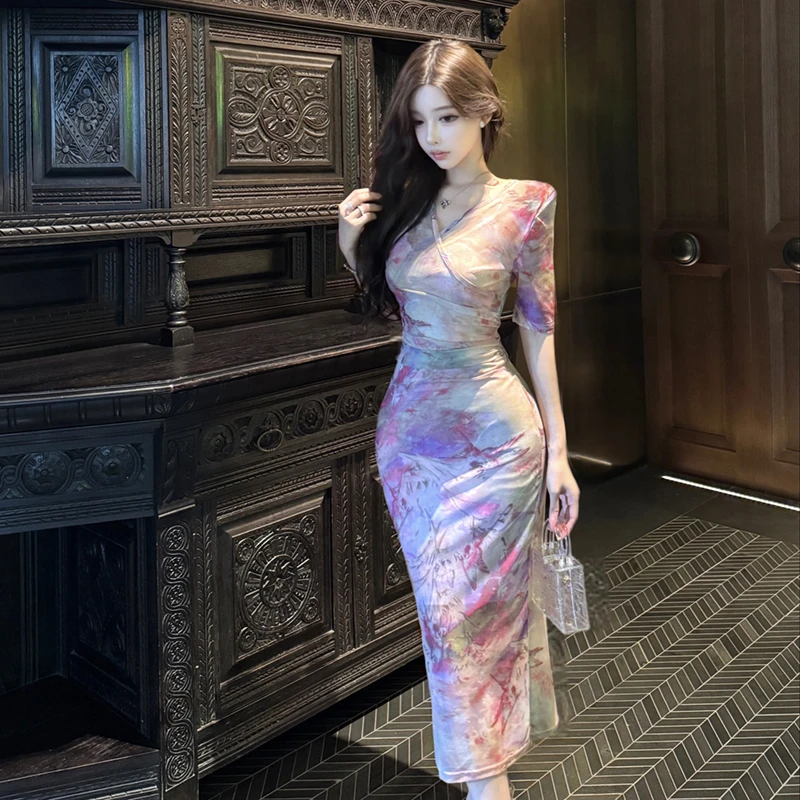 2025夏季新款时尚优雅性感V领中袖印花网纱包身显瘦两件套连衣裙