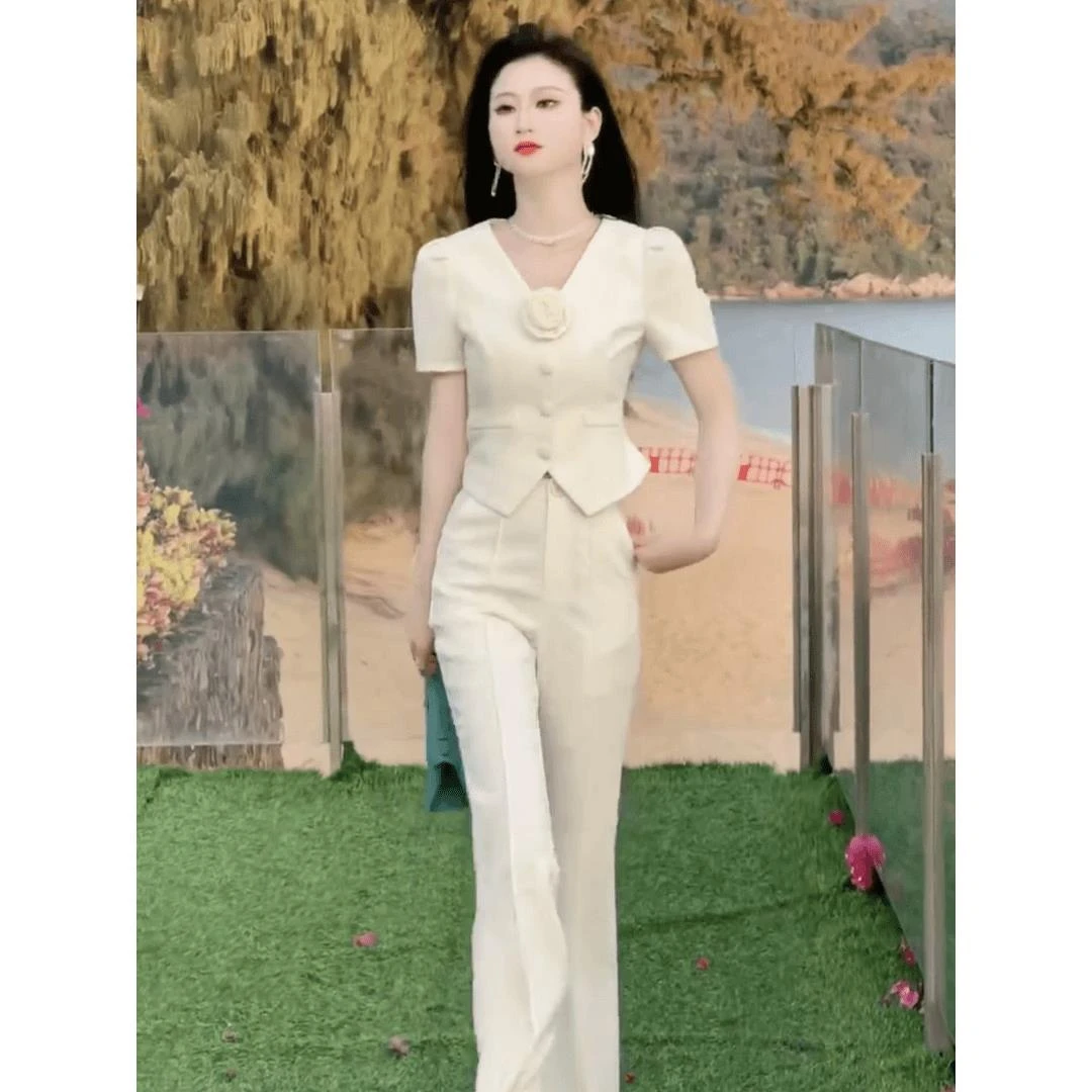 欧货爆款时尚套装女2025夏季新款立体花收腰短袖微辣长裤两件套