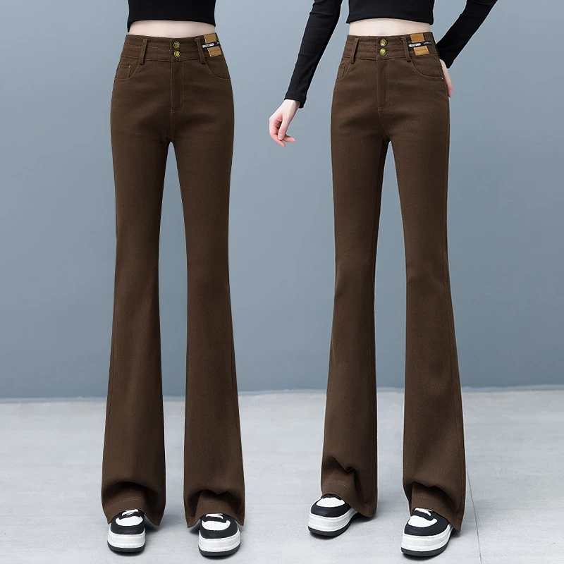 拉夏贝尔微喇裤牛仔裤女高腰2025修身秋冬新款高腰时尚百搭喇叭裤