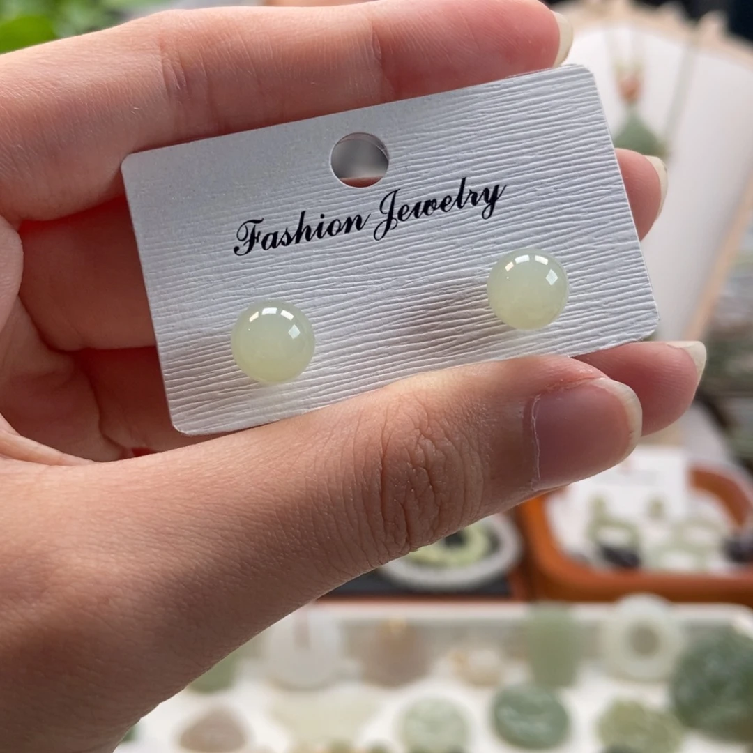 和田玉银S925镀金镶嵌耳饰卡八