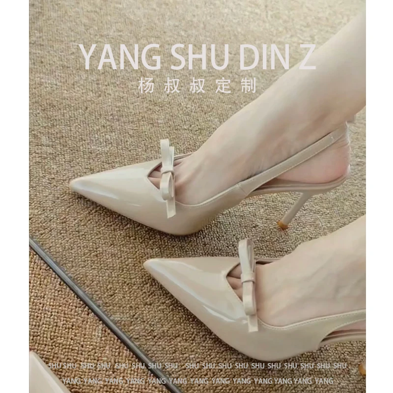 2025春季新款一字带蝴蝶结高跟鞋女气质尖头细跟漆皮裸色包头凉鞋