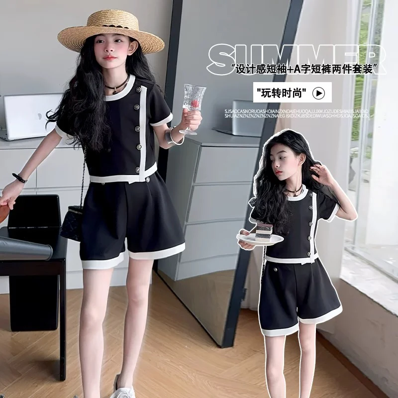（小香女孩）2025年夏装小众韩系小香风洋气不对称撞色tT恤裤子套装