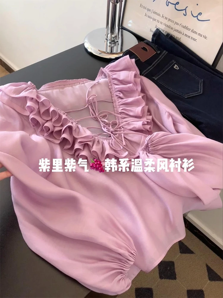 粉色荷叶边领宽松气质衬衫女2025春季法式V领泡泡袖显瘦小衫上衣