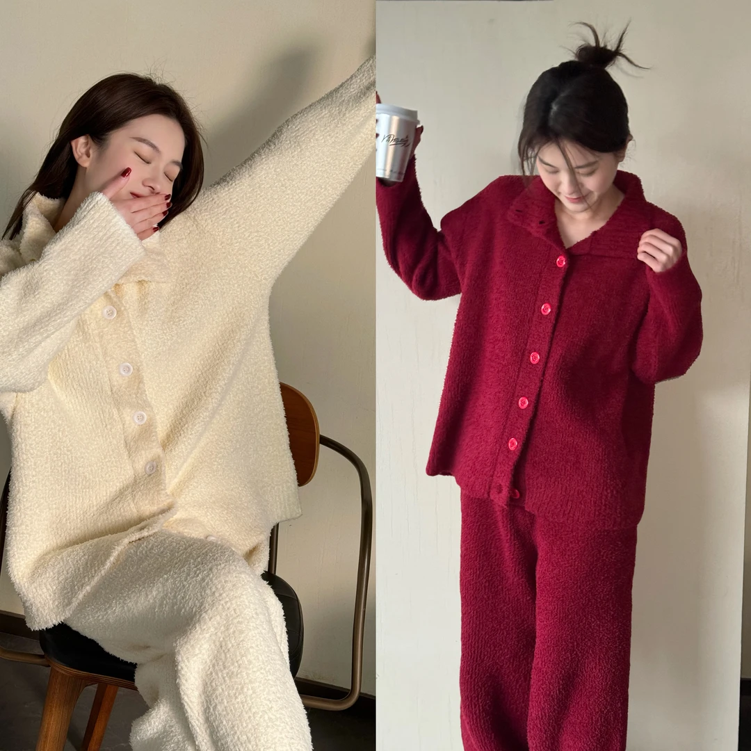 老钱风纯色半边绒加厚加密家居服套装睡衣居家服女冬季加绒加厚