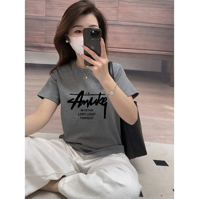 正肩圆领磨毛短袖t恤女2025新款洋气衣服女上衣打底衫夏秋季潮