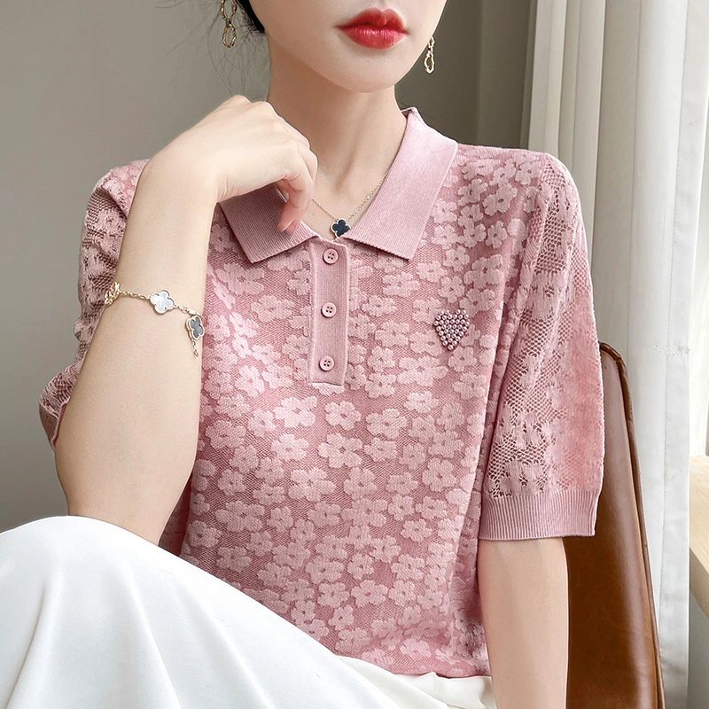品牌夏季新款POLO领短袖T恤女时尚宽松休闲针织衫上衣