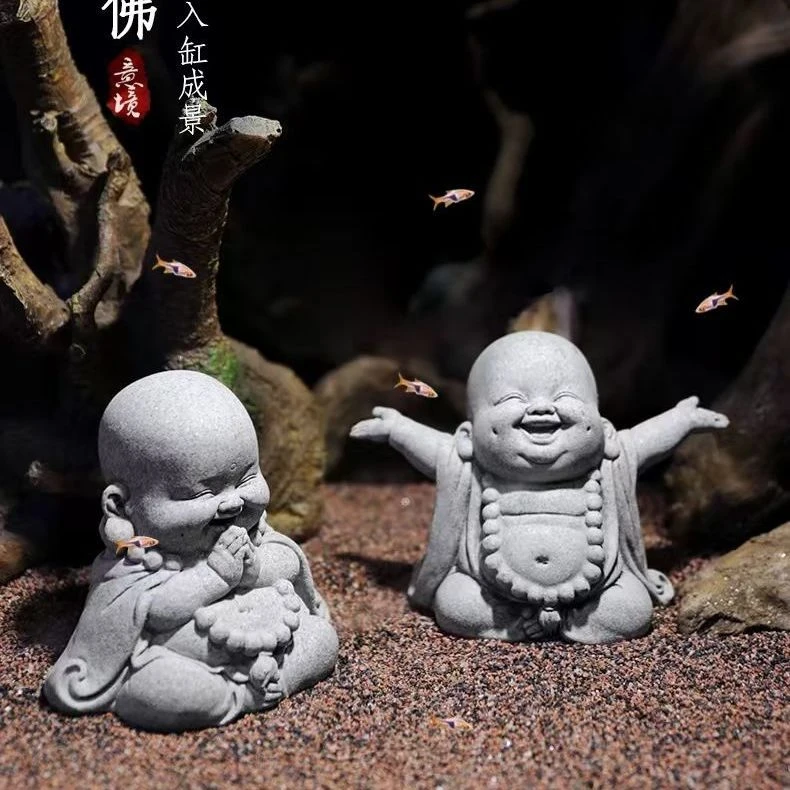 可爱中式茶宠青砂石小茶宠鱼缸创意精品摆件禅意幼如来弥勒佛可养