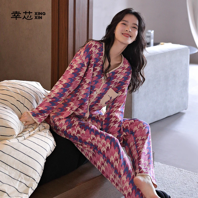 幸芯经典睡衣女款春秋季纯棉长袖开衫V领秋冬天时尚网红风家居服