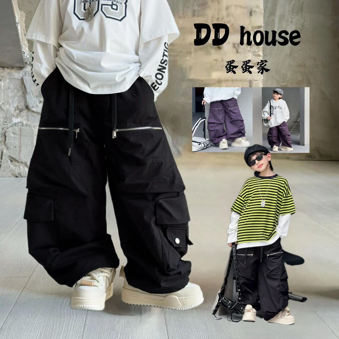 蛋蛋家【拉链口袋裤】2025秋季新款潮流黑色拉链口袋工装裤