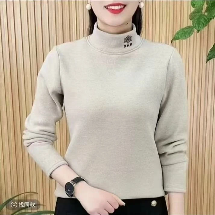 2024新款时尚百搭洋气冬季高领遮肉双面德绒磨毛保暖打底上衣女