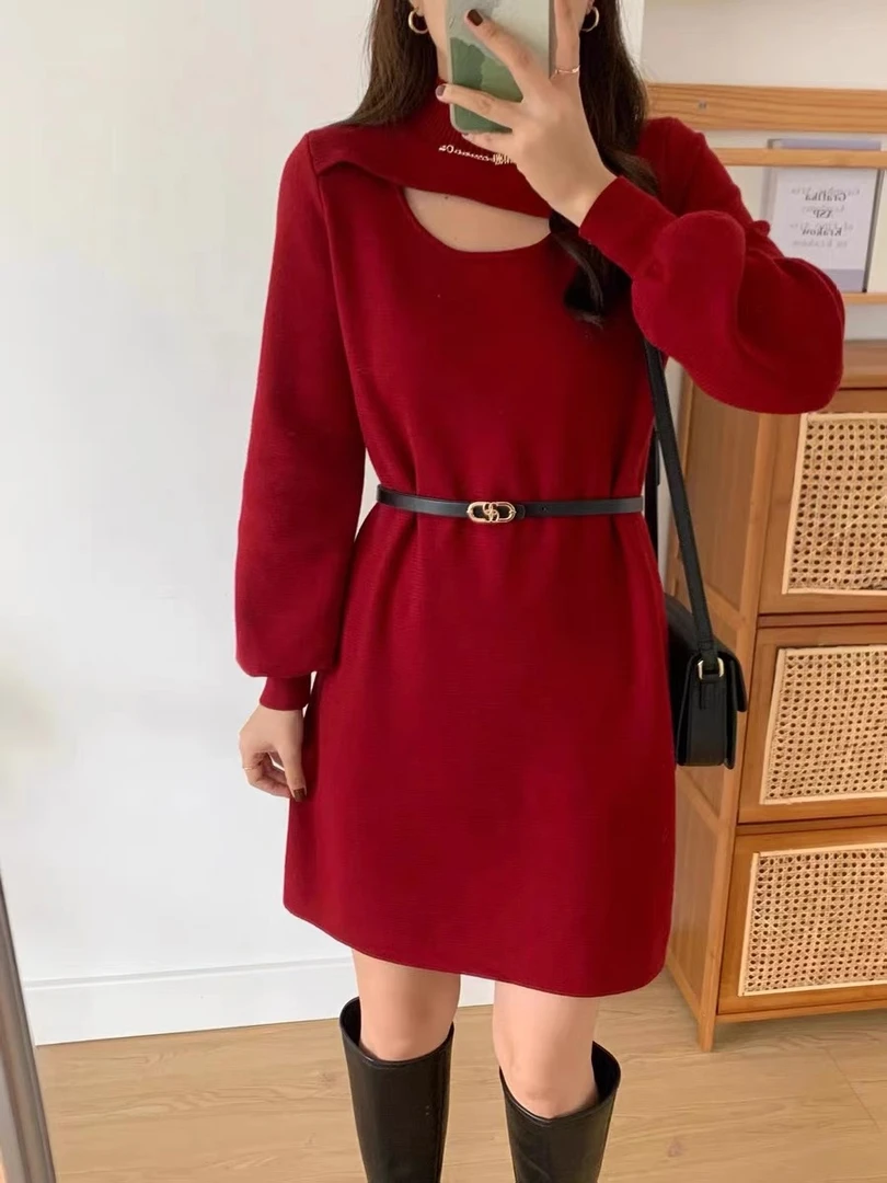 爆款半高领针织连衣裙女秋冬新款气质中长款毛衣裙子#656