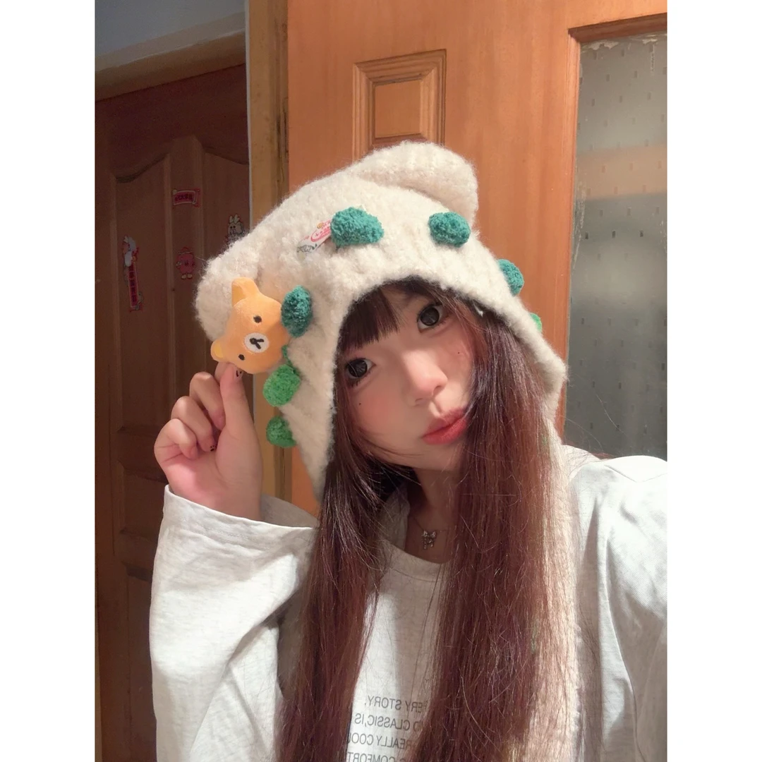 可爱萌系轻松熊耳朵毛绒帽子女秋冬加厚保暖护耳彩色球球毛线帽