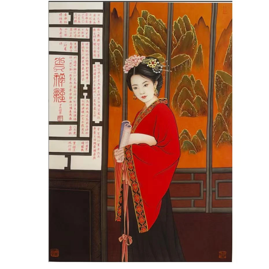 【胡墨】卷书美女图手绘国画