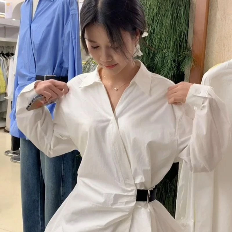 【8455】大码女装胖mm白色领衬衫春季衬衣收腰不规则外穿长袖上衣