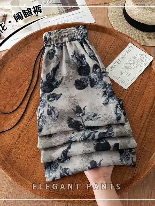 莫兰迪蓝色新中式印花休闲裤女2025新款夏季高腰宽松直筒阔腿裤