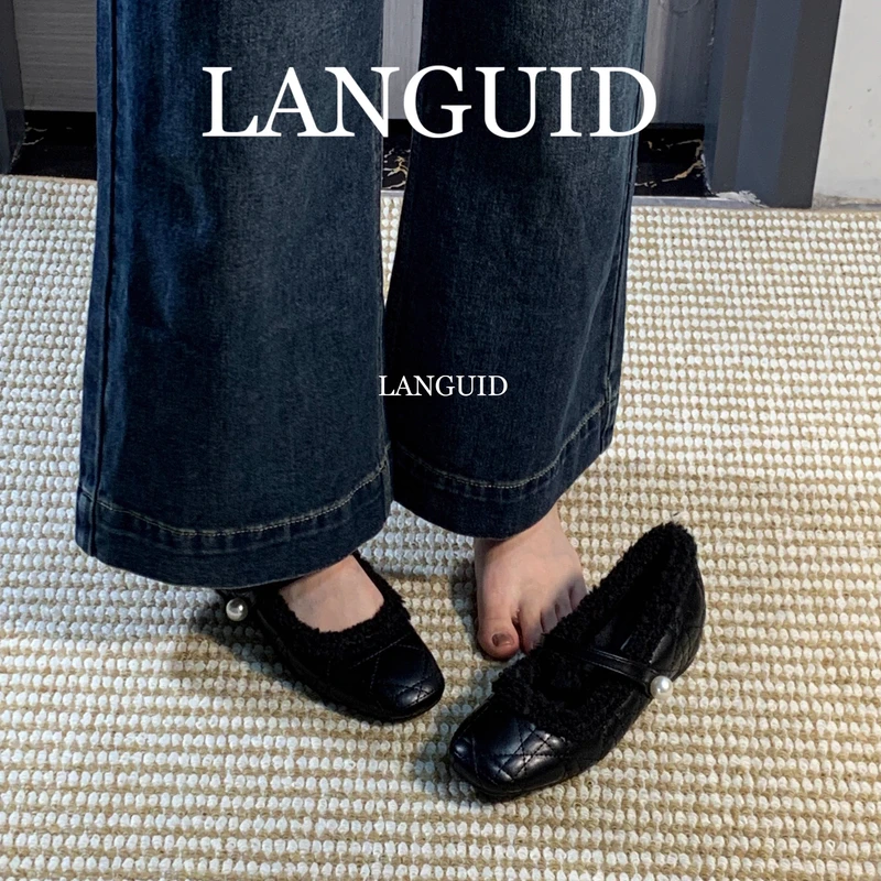 LANGUID 法式黑色菱格纹加绒玛丽珍鞋女平底百搭芭蕾鞋一字带单鞋