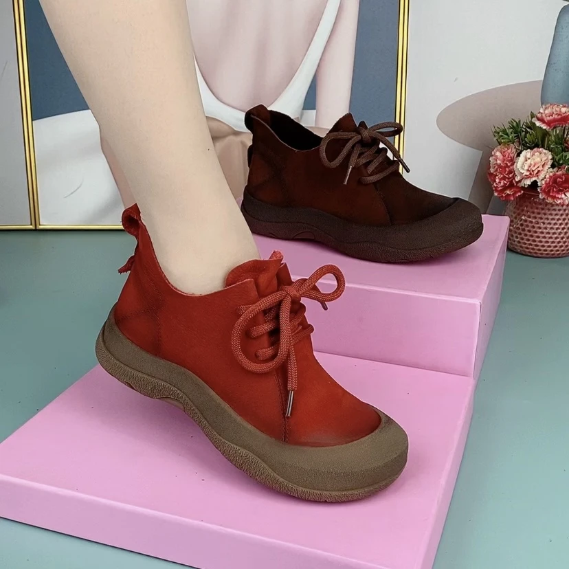 856881真皮女鞋头层牛皮圆头厚底软皮软面舒适系带休闲百搭单鞋