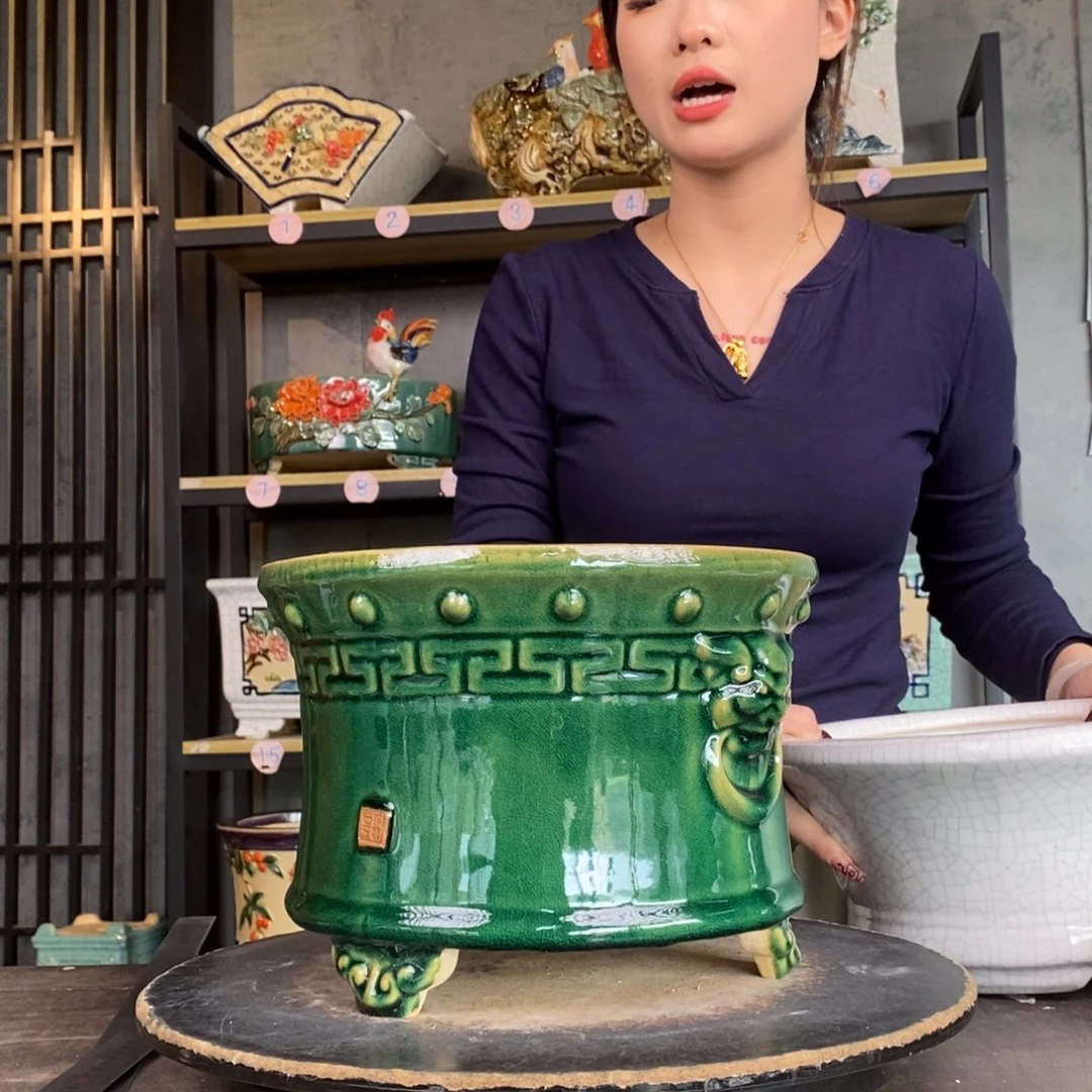红陶发12绿釉圆盆