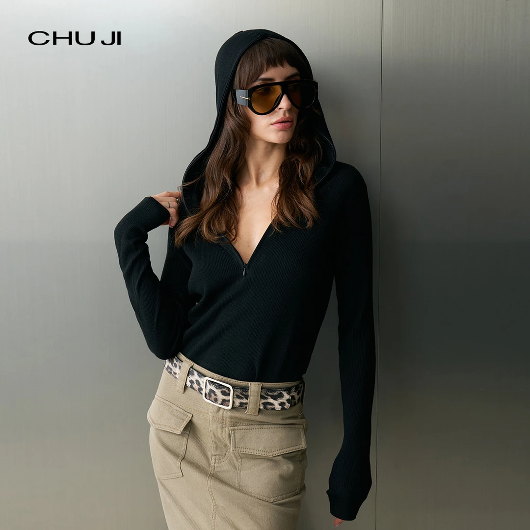 Chuji出迹连帽V领拉链长袖针织衫上衣女秋冬绵羊毛打底衫-E2N012M