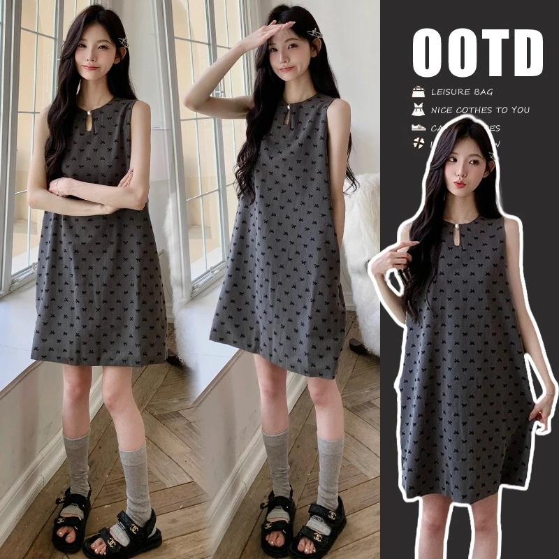 时髦孕妇装夏季韩系简约小个子印花宽松无袖背心中长款百搭连衣裙