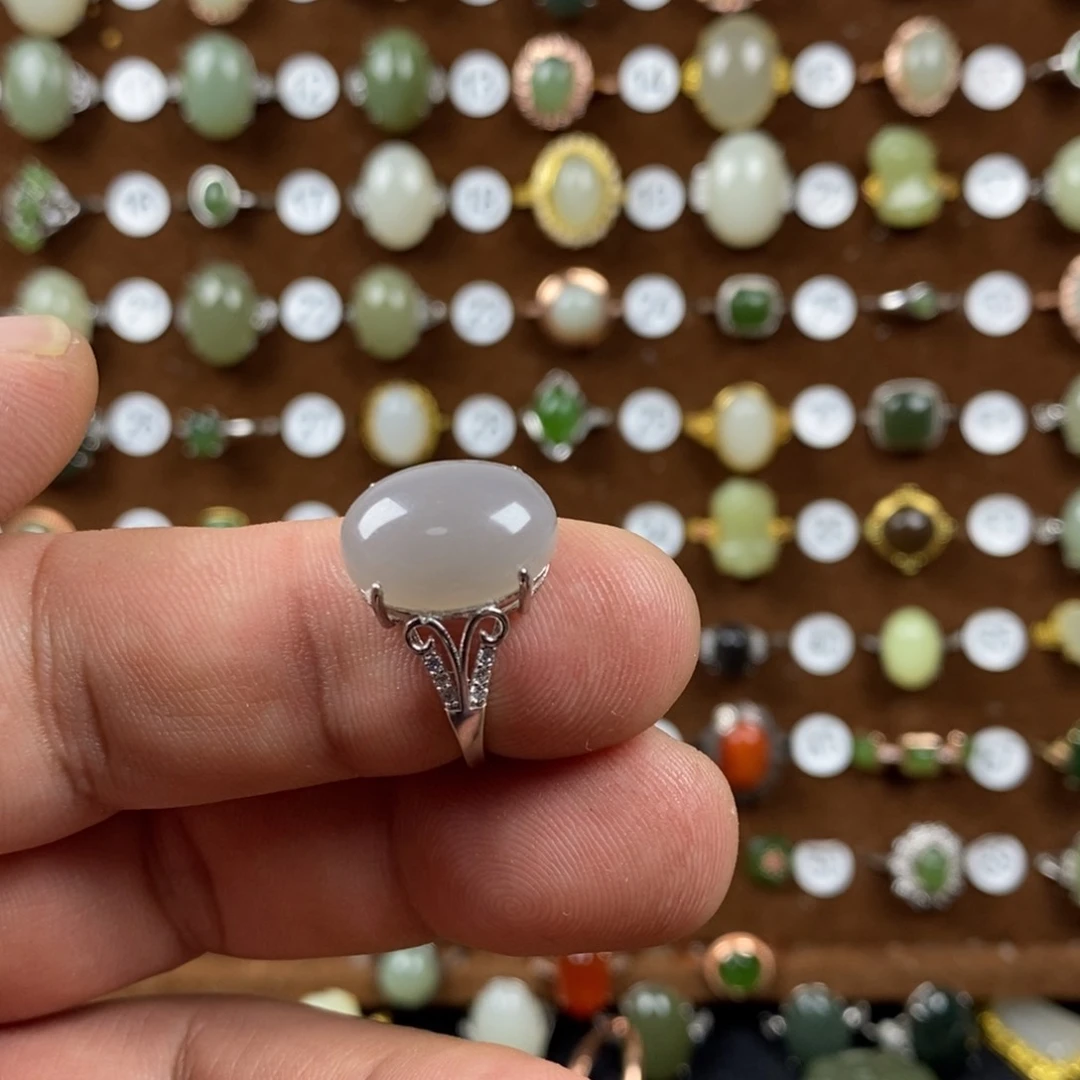 和田玉（青白玉）戒指银S925镀金镶嵌