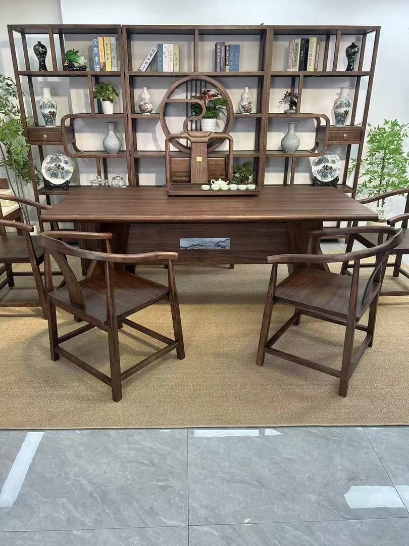 新中式胡桃木茶桌椅组合家用办公功夫茶台禅意茶室泡茶桌一桌五椅