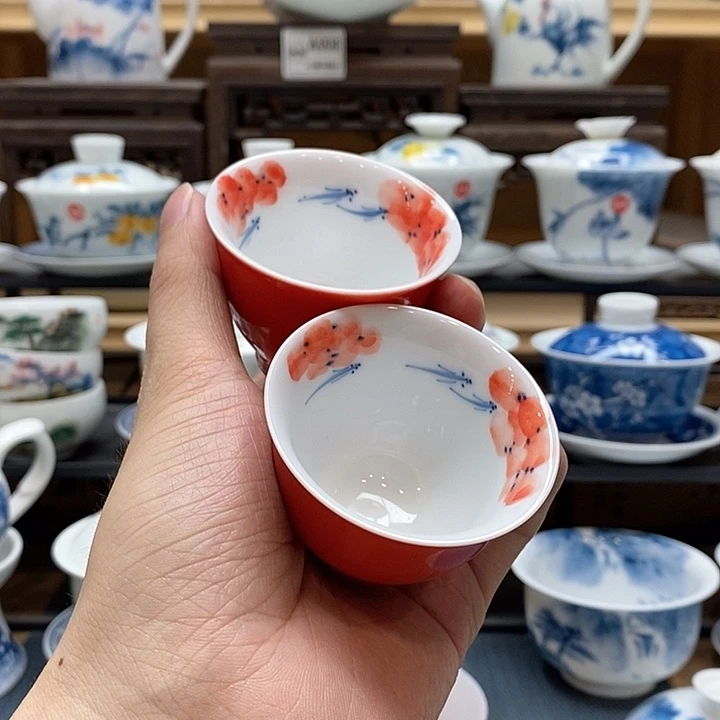 纯手绘2个龙船花杯子60cc 釉下彩微瑕福利款