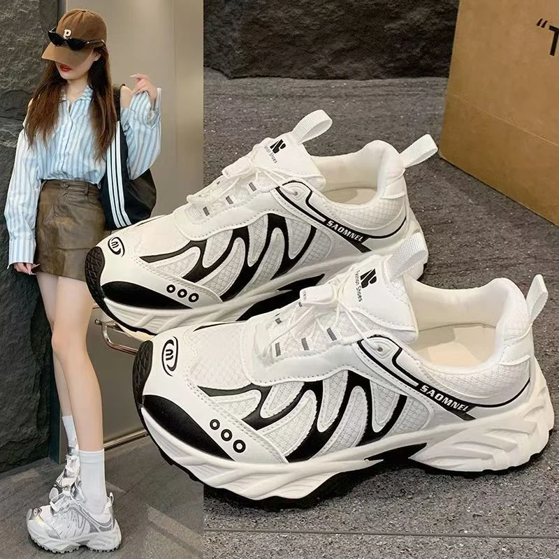 超火透气网面小白鞋女2025夏季新款百搭厚底增高运动休闲老爹鞋女
