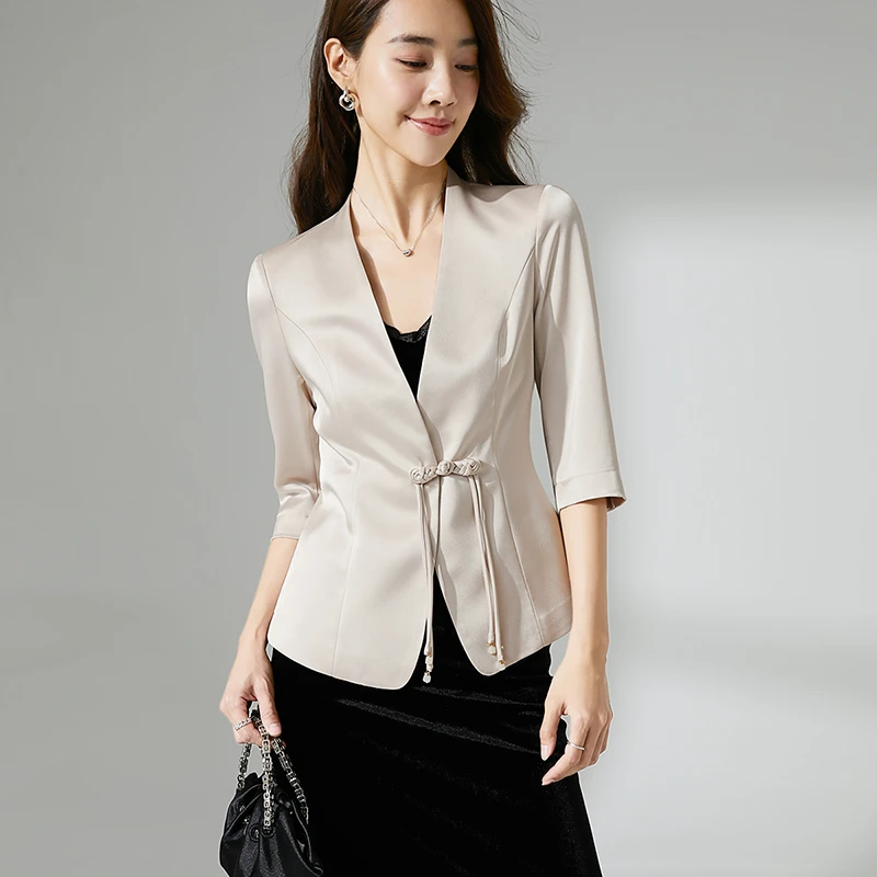 晚白春季新款气质缎面一粒扣修身显瘦通勤减龄西装外套女25022434