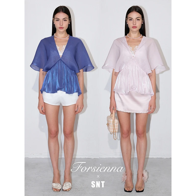 SNT  韩国进口面料闪蝶金属蓝/人鱼闪光粉 松弛浪漫上衣
