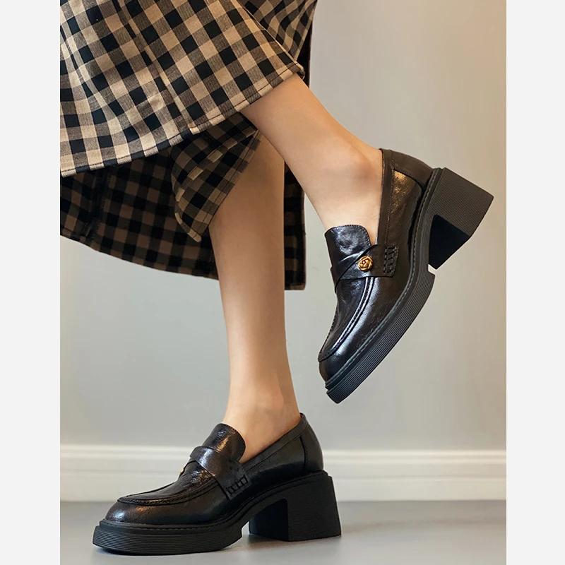 羊皮版~高跟乐福鞋秋冬新款圆头一脚蹬单鞋软底百搭通勤小皮鞋