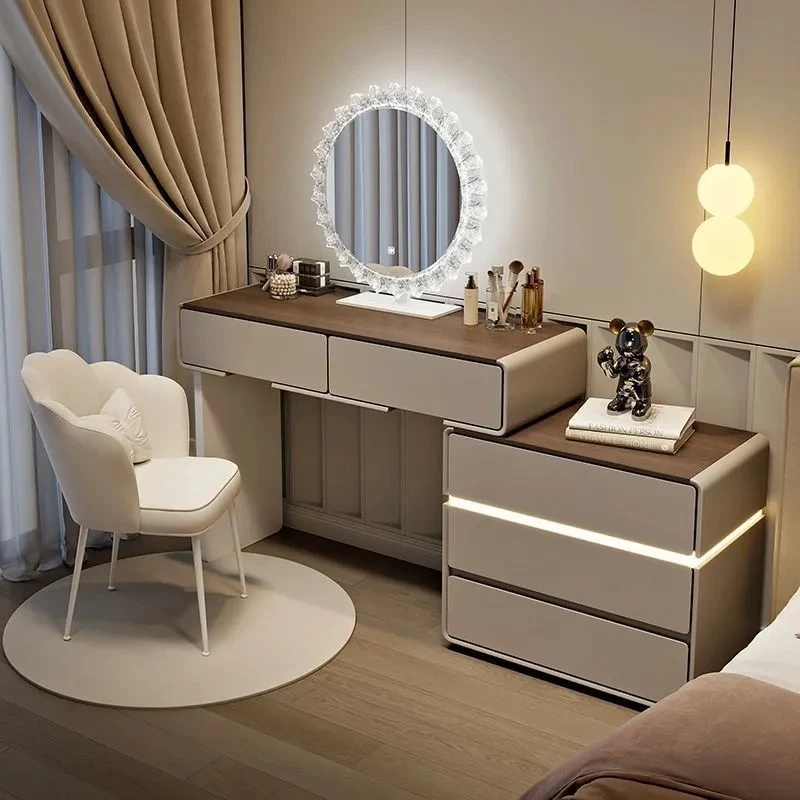 新款智能实木梳妆台现代简约奶油风卧室家用岩板化妆桌斗柜一体