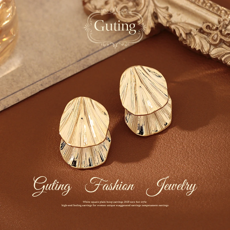 铜合金耳饰 23039金色双层褶皱百搭耳环女秋冬耳钉耳饰小众设计感