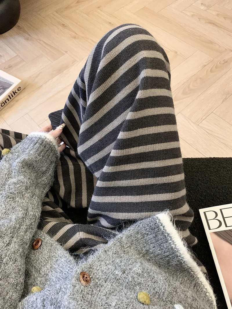 韩版撞色条纹直筒休闲裤女秋冬季新款抽绳高腰阔腿裤子慵懒松弛感